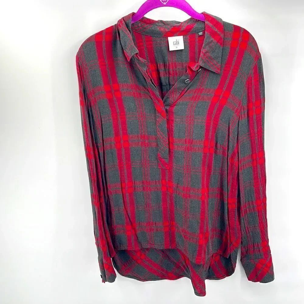 CAbi medium high low hemline shirt top long sleeve plaid gray red